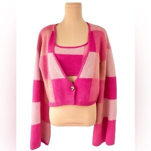 Acoa Colorblock Cardigan Tank Two Piece  Sweater Set In Pink Cropped Bell Sleeve